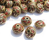 4 BEADS - Tibetan Floral Beads with Brass, Coral Inlays - Tibetan Beads - Floral Tibetan Brass Inlay Beads - B2596-4