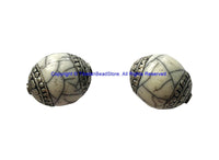 4 BEADS - BIG Tibetan White Crackle Resin Beads With Tibetan Silver Caps - Tibetan Beads - Ethnic Beads - B700B-4