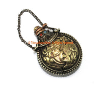 Tibetan Snow Lion Brass & Copper Snuff Perfume Bottle Pendant with Glass Bead Inlays - 37mm x 49mm - Ethnic Tribal Handmade Pendant - WM7268