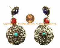 OOAK LARGE Ethnic Tibetan Floral Earrings with Turquoise, Amethyst & Resin Inlays - Handmade TibetanBeadStore Custom Designs - E14B