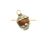 Ethnic Tibetan Carnelian Charm Pendant with Repousse Tibetan Silver Metal Floral Caps - WM7985K