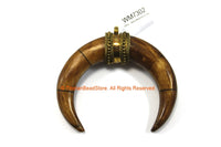 Brown Bone Tibetan Design U-Shaped Crescent Horn Pendant with Gold Toned Brass - Boho Tibetan Crescent Shape Bone Horn Pendant - WM7302