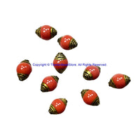 4 BEADS - Tibetan Red Coral Beads with Handmade Repousse Brass Caps - Tibetan Beads - TibetanBeadStore - B1411C-4