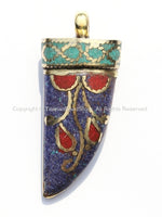 Tibetan Horn Tusk Amulet Pendant with Brass, Turquoise, Lapis & Coral Inlays - Boho Tribal Ethnic Tibetan Nepalese Horn Amulet - WM5032