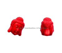 2 BEADS - Red Buddha Head Reversible Beads - Cinnabar Buddha Beads - B3499-2
