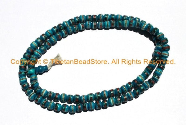 108 BEADS 8mm Tibetan Dark Blue Color Bone Mala Prayer Beads with Turquoise, Coral & Metal Inlays - Tibetan Blue Bone Mala Beads - PB147SB
