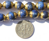 4 BEADS - Tibetan Small Lapis Beads with Repousse Brass Caps - Ethnic Tribal Artisan Handmade Nepalese Tibetan Beads - B2494-4