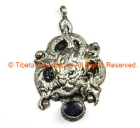 Ethnic Tribal Antique Look Repousse Tibetan Dragon Pendant with Lapis Inlay - TibetanBeadStore - Handmade - Unisex Jewelry - WM7227