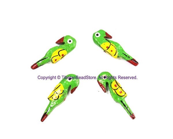 4 BEADS Handmade Light Green Parrot Beads - Handmade Bird Beads - Wooden Parrot Bird Handmade Painted Beads - B3233-4