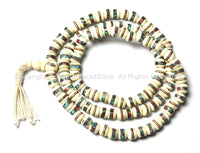8mm Size Tibetan White Bone Mala Prayer Beads with Brass, Copper, Turquoise & Coral Inlays - Tibetan Prayer Beads - PB12S