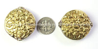 2 BEADS - LARGE Tibetan Double Vajra Round Repousse Carved Tibetan Brass Beads - Large Handmade Ethnic Brass Beads - B2424-2