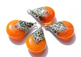 Reversible Tibetan Amber Resin Pendant with Tibetan Silver Caps, Repousse Auspicious Conch & Double Fish Details - WM2833