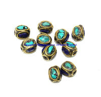 4 BEADS - Ethnic Nepalese Tibetan Handmade Inlay Brass, Turquoise, Lapis Beads - B3518-4