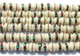 10 beads - 10mm Size White Bone Inlaid Tibetan Beads with Turquoise, Coral & Metal Inlays - LPB83-10