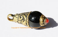 Ethnic Tibetan Black Onyx Charm Pendant with Brass Caps & Red Coral Accent - Black Onyx Drop Charm Pendant - Earring Drops - WM3594-1