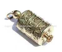 Tibetan Brass Prayer Wheel Pendant with Mantra Prayer Scrolls, 8 Auspicous Symbols, Double Vajra & Om Mantra Details - 15mm x 40mm - WM4050