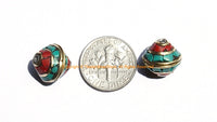 10 BEADS Nepalese Bicone Beads with Brass, Turquoise & Coral Inlays - Brass Inlaid Nepal Tibetan Beads - 12mm x 10mm - B3131-10