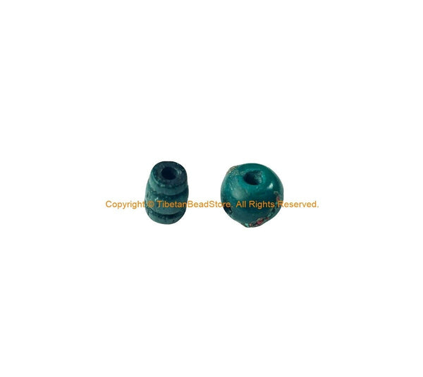 Dark Green Inlaid Bone 3 Hole Guru Bead & Cap Set - Tibetan Guru Bead Supplies - Handmade - GB89