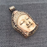 Buddha Head Pendant - Ethnic Tibetan Carved Bone Buddha Pendant with Tibetan Silver Lotus Detail - Handmade Tibetan Jewelry - WM7788A