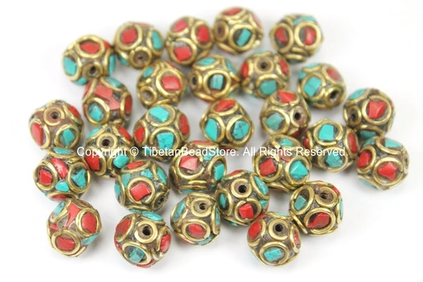 4 BEADS Nepal Tibetan Beads with Brass, Turquoise, Coral Inlays - TibetanBeadStore - Brass Inlay Beads Nepal Tibetan Beads - B2757-4