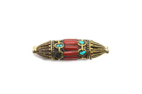 2 BEADS LARGE Quality Ethnic Tribal Nepal Tibetan Long BiCone Beads with Brass, Turquoise, Coral Inlays - Handmade Tibetan Beads - B3465-2