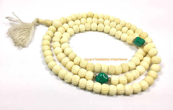 Tibetan Mala Prayer Beads with Turquoise Spacers - 108 Carved Bone 10mm Beads Mala Meditation Prayer Beads Hand Carved Bone Beads - PB203