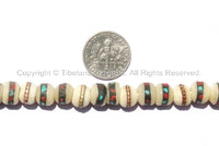 20 BEADS 8mm Size Tibetan Ethnic White Bone Inlaid Beads with Turquoise & Coral Inlays - LPB12S-20