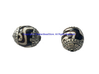 2 BEADS - BIG Tibetan Dzi Resin Beads with Tibetan Silver Caps - Tibetan Beads Ethnic Nepal Tibetan Beads - B2908B-2