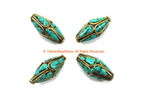 4 BEADS Tibetan Bicone Beads with Brass & Turquoise Inlays by TibetanBeadStore - Turquoise Beads Brass Inlay Beads Nepal Beads B3320-4