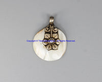 92.5 Sterling Silver Repousse Carved Flower & Mother of Pearl Shell Round Tibetan Pendant - Handmade Ethnic Tibetan Jewelry - SS8031