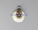 92.5 Sterling Silver Repousse Carved Flower & Mother of Pearl Shell Round Tibetan Pendant - Handmade Ethnic Tibetan Jewelry - SS8031