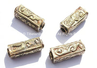 4 BEADS - LARGE Long Tibetan Repousse Brass Floral Barrel Shaped Box Beads - Nepal Tibetan Jewelry - Ethnic Tribal Tibetan Beads - B2625-4