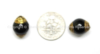 4 BEADS - Tibetan Black Onyx Beads with Brass Caps - Ethnic Nepal Tibetan Artisan Handmade Beads -  B1808-4
