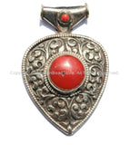 LARGE Ethnic Tibetan Repousse Carved Heart Shaped Pendant with Coral Inlays - Ethnic Tribal Tibetan Jewelry Pendant - WM5442