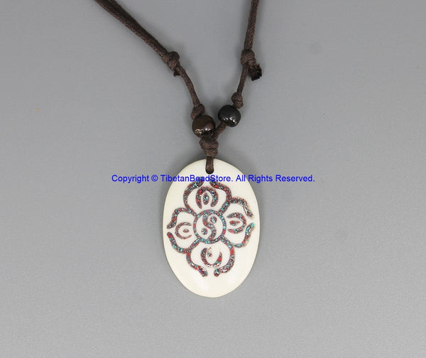 Double Vajra Design Carved Bone Pendant on Adjustable Cord - Double Dorje - Ethnic Tribal Handmade Unisex Boho Jewelry - - WM7935