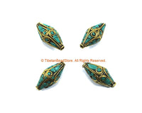 4 BEADS Tibetan Bicone Beads with Brass & Turquoise Inlays by TibetanBeadStore - Turquoise Beads Brass Inlay Beads Nepal Beads B3320B-4