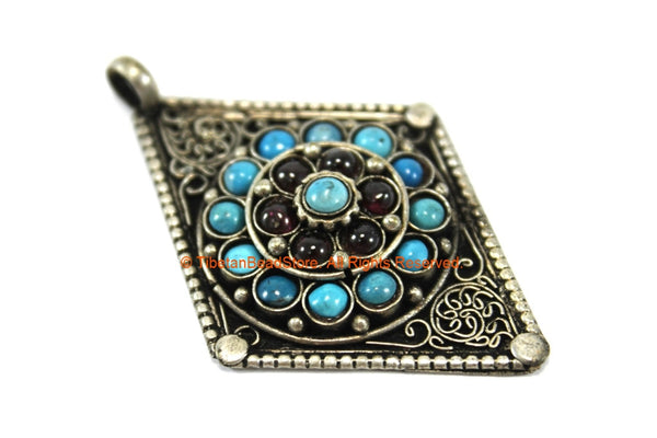 Ethnic Filigree Diamond Kite-shape Nepal Tibetan Pendant with Turquoise, Garnet Inlays - Ethnic Handmade Jewelry Filigree Pendant - WM7706
