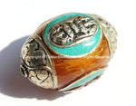 1 BEAD - Large Tibetan Amber Copal Resin Bead with Auspicious Conch & Turquoise Inlay - LARGE Tibetan Focal Bead - B2040-1