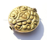 1 BEAD - LARGE Repousse Carved Round Brass Focal Tibetan Bead with Lotus Floral Details - Unique Ethnic Handmade Tibetan Beads - B2550-1