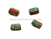 4 BEADS - Handmade Ethnic Nepal Tibetan Beads with Brass, Turquoise, Coral Inlays - B3527-4