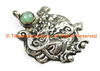 Ethnic Tribal Nepal Antique Look Repousse Tibetan Silver Guardian Deity Pendant with Onyx Inlay - Handmade Nepal Tibet Jewelry - WM7212