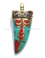 Tibetan Horn Tusk Amulet Pendant with Brass, Turquoise, Lapis & Copal Coral Inlays - Boho Tribal Ethnic Tibetan Horn Amulet - WM5042
