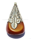 Tibetan Amber Copal Resin Drop Pendant with Repousse Tibetan Silver Cap - 27-28mm x 47-49mm - Ethnic Tribal Tibetan Jewelry - WM4067