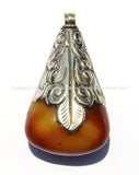 Tibetan Amber Copal Resin Drop Pendant with Repousse Tibetan Silver Cap - 27-28mm x 47-49mm - Ethnic Tribal Tibetan Jewelry - WM4067