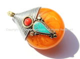 Reversible Ethnic Tibetan Amber Copal Resin Pendant with Tibetan Silver Wire Cap, Brass, Turquoise & Copal Inlays - WM3749