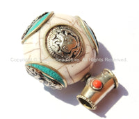 Tibetan Reversible Round White Crackle Resin Pendant with Turquoise, Coral Inlays, Repousse Auspicious Conch & Vajra Details - WM6094
