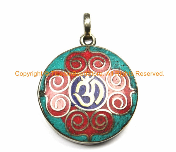 Om & Mandala Nepal Tibetan Pendant with Lapis, Turquoise, Coral Inlays - Mandala Pendant - Om Aum Ohm Meditation Yoga Jewelry - WM7137B