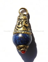 2 PENDANTS Tibetan Lapis Charm Drop Pendants with Carved Brass Cap & Coral Inlay Accent - TibetanBeadStore - Tibetan Beads- WM4887-2