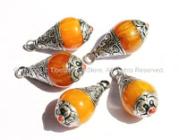 2 PENDANTS - Tibetan Amber Resin Drop Pendants with Tibetan Silver Caps - Handmade Tribal Ethnic Tibetan Pendant - WM2836-2