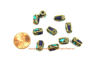 10 BEADS Tibetan Lapis, Turquoise, Brass Inlay Tube Beads - Tibetan Beads Tribal Beads - 8mm x 12mm Handmade Tube Inlay Beads - B3455-10